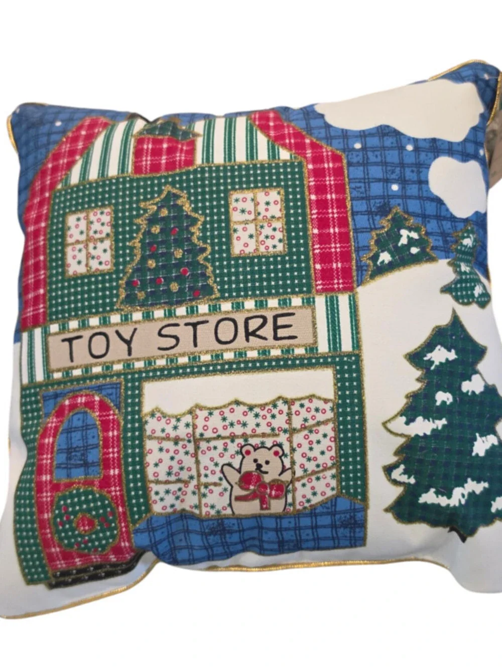 Vintage 1996 Village Collection Christmas Pillow Toy Store Quilted NEW